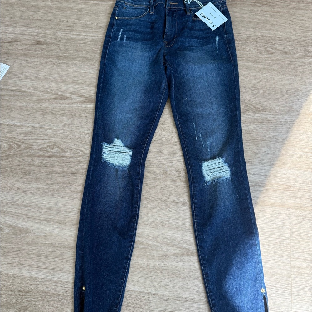 Frame Denim Blue Skinny Jeans with Distressed Details
